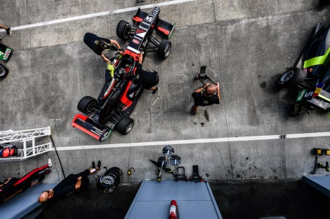 Birds eye view of Calan Williams in the racing pits